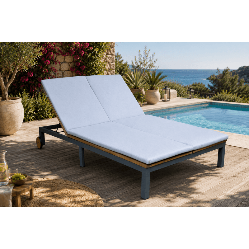 Casa si Gradina - Gradina si terasa - Mobilier exterior - Scaune si sezlonguri gradina - Sezlong dublu de gradina cu roti, din lemn de acacia, 202x120x31 cm, maro - Infinity.ro