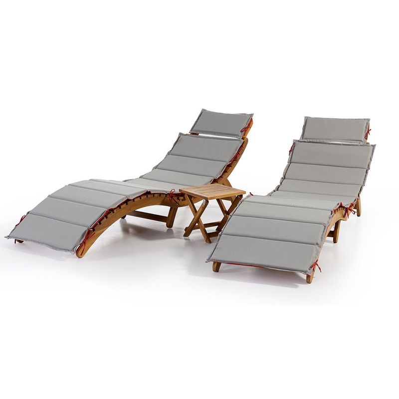 Casa si Gradina - Gradina si terasa - Mobilier exterior - Scaune si sezlonguri gradina - Set 2 sezlonguri pliabile cu masa, perne reversibile de culoare rosu sau gri, lemn de salcam, 180x54x63 cm, maro - Infinity.ro