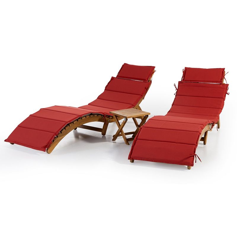 Casa si Gradina - Gradina si terasa - Mobilier exterior - Scaune si sezlonguri gradina - Set 2 sezlonguri pliabile cu masa, perne reversibile de culoare rosu sau gri, lemn de salcam, 180x54x63 cm, maro - Infinity.ro