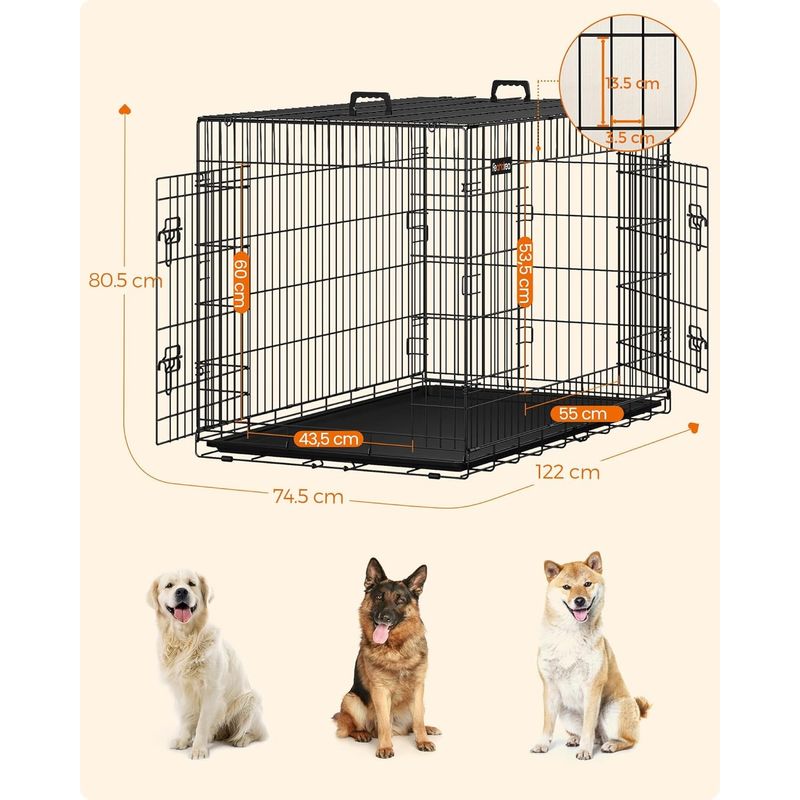 Petshop - Accesorii petshop - Culcusuri si custi - Custi interior si exterior - Cusca pentru animale, 2 usi, perete separator, pliabila din metal, XXL, 122x75x81cm, negru - Infinity.ro