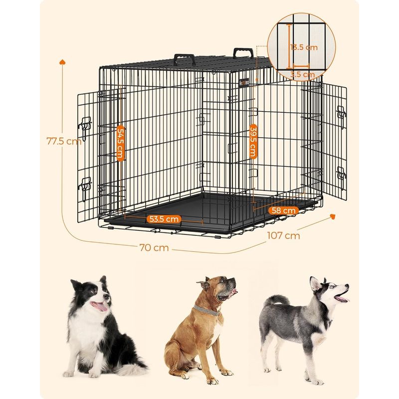 Petshop - Accesorii petshop - Culcusuri si custi - Custi interior si exterior - Cusca pliabila animale XL 2 usi metal, tava detasabila, incuietori duble L, 107x70x78 cm, negru - Infinity.ro