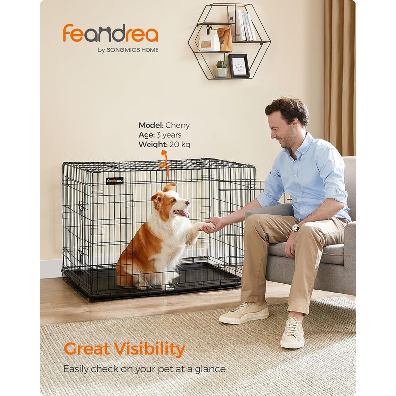 Petshop - Accesorii petshop - Culcusuri si custi - Custi interior si exterior - Cusca pliabila animale XL 2 usi metal, tava detasabila, incuietori duble L, 107x70x78 cm, negru - Infinity.ro