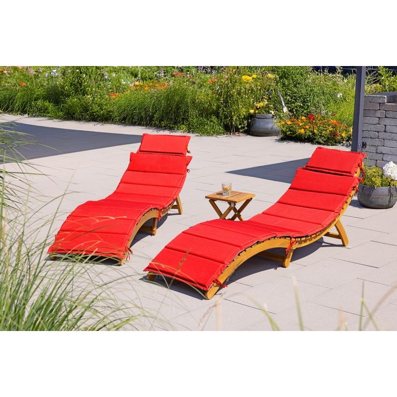 Casa si Gradina - Gradina si terasa - Mobilier exterior - Scaune si sezlonguri gradina - Set 2 sezlonguri pliabile cu masa, perne reversibile de culoare rosu sau gri, lemn de salcam, 180x54x63 cm, maro - Infinity.ro