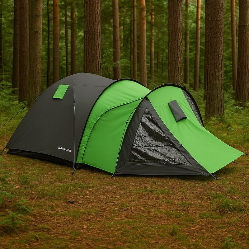 Sport si Outdoor - Camping - Corturi camping - Cort camping 4 persoane cu antreu, impermeabil 3000 mm, 450x210x150 cm, negru si verde - Infinity.ro