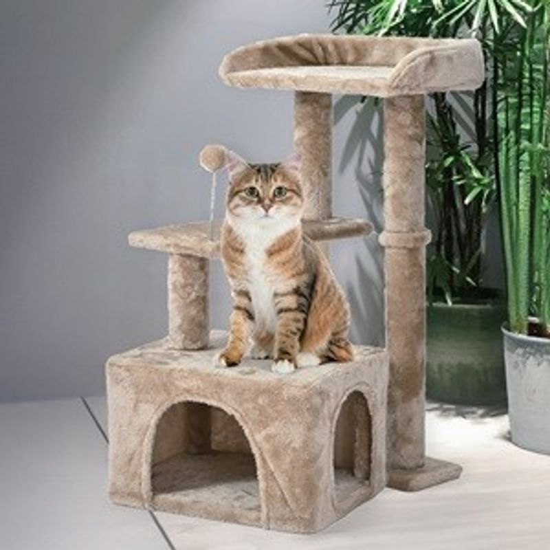 Petshop - Accesorii petshop - Jucarii animale - Ansambluri de joaca - Ansamblu de joaca cu 3 niveluri pentru pisici, 45x40x78cm, Bej - Infinity.ro