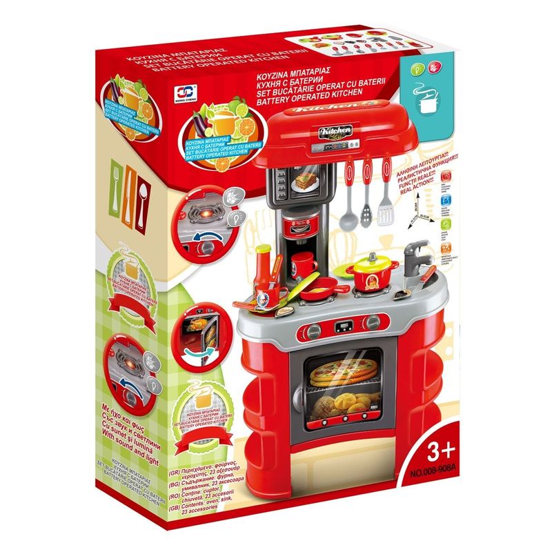 Jucarii, Copii si Bebe - Jucarii si jocuri - Jucarii de rol - Bucatarii copii - Bucatarie de Jucarie cu Aragaz, Sunet si Lumina, 23 Accesorii, Rosu - Infinity.ro