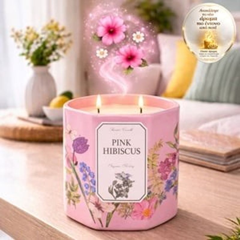 Casa si Gradina - Decoratiuni - Aromaterapie si lumanari - Lumanari si candele - Lumanare in borcan cu aroma de hibiscus roz, 2 fitiluri, 50h ardere - Infinity.ro