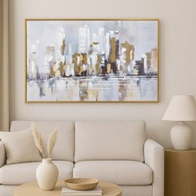 Casa si Gradina - Decoratiuni - Tablouri - Tablou in Ulei cu Model Abstract Oras cu Cladiri, 100x70cm, Rama Aurie - Infinity.ro