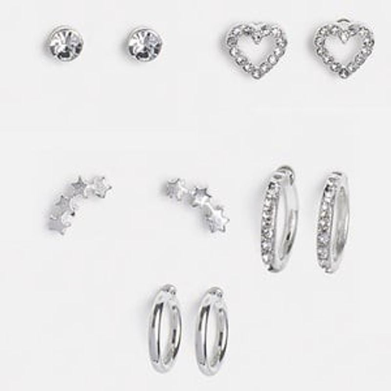 Fashion, accesorii si bijuterii - Barbati - Bijuterii barbati - Cercei tip stud cu strasuri, Set 5 perechi, Argintiu - Infinity.ro