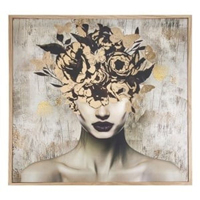Casa si Gradina - Decoratiuni - Tablouri - Tablou in ulei, Femeie cu flori si fluturi, Rama din plastic cu aspect de lemn, 60x60x2,5 cm, Negru si auriu - Infinity.ro