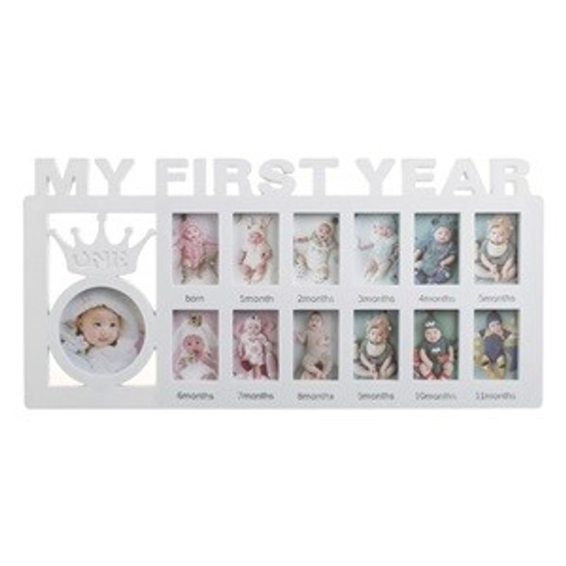 Casa si Gradina - Decoratiuni - Obiecte decorative - Accesorii decorative - Rama foto din lemn pentru primul an al bebelusului, 13 poze, 40x20 cm, alba - Infinity.ro