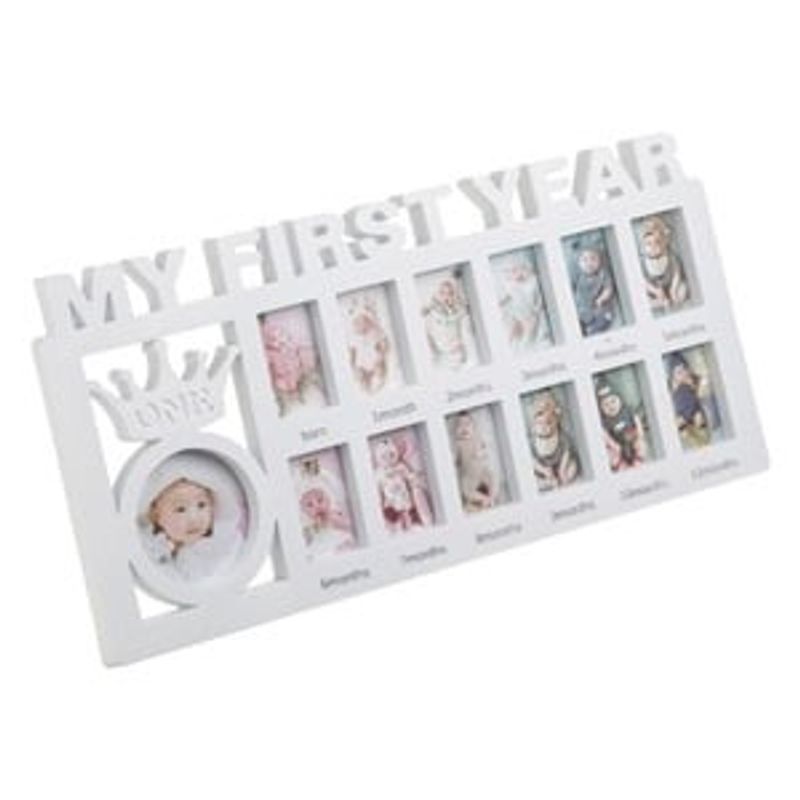 Casa si Gradina - Decoratiuni - Obiecte decorative - Accesorii decorative - Rama foto din lemn pentru primul an al bebelusului, 13 poze, 40x20 cm, alba - Infinity.ro