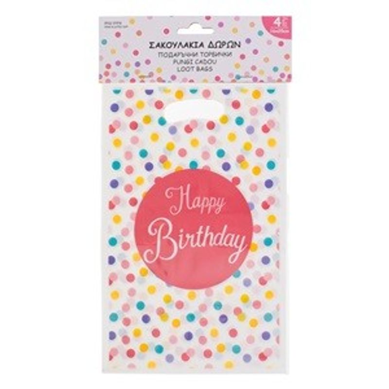 Casa si Gradina - Termice - Instalatii termice - Incalzire in pardosela - Set Pungi Cadou din Plastic, Alb cu Buline Roz, Mesaj Happy Birthday, 16x25cm, 4 buc - Infinity.ro