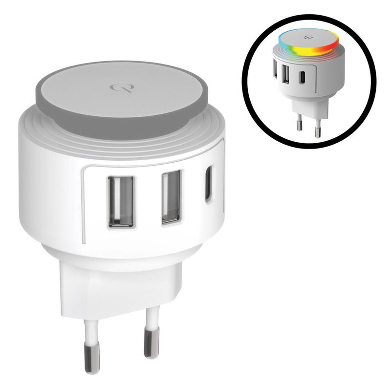 Laptop, Telefoane si Tablete - Laptopuri si accesorii - Accesorii Laptop - Incarcatoare laptop - Incarcator cu 2 Porturi USB si Type C cu Lampa LED, Alb - Infinity.ro