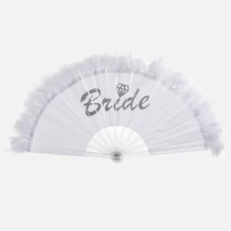 Casa si Gradina - Decoratiuni - Decoratiuni petrecere - Accesorii pentru petrecere - Evantai cu pene si mesaj Bride, 23 cm, Alb - Infinity.ro