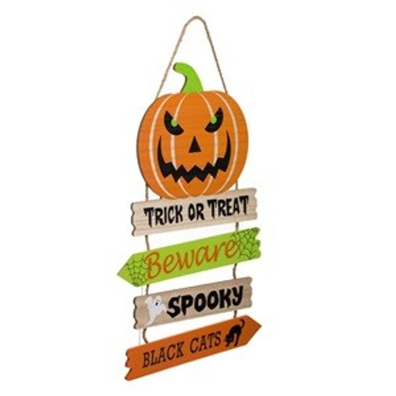 Casa si Gradina - Constructii - Lemn constructii - Placi lemn - Decoratiune suspendabila din lemn cu dovleac si placi de Halloween, 29x0.5x44cm, Portocaliu - Infinity.ro