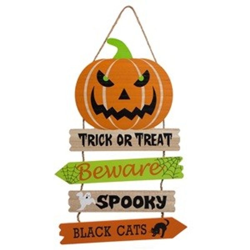 Casa si Gradina - Constructii - Lemn constructii - Placi lemn - Decoratiune suspendabila din lemn cu dovleac si placi de Halloween, 29x0.5x44cm, Portocaliu - Infinity.ro