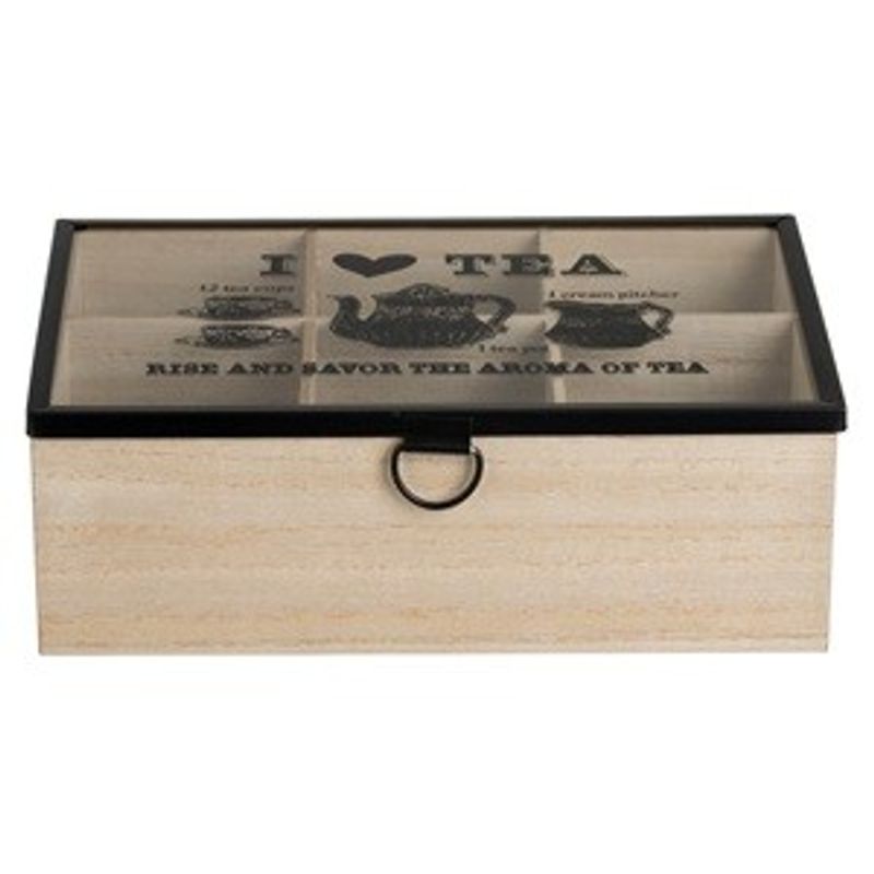 Casa si Gradina - Bucatarie si vesela - Vase pentru gatit - Accesorii ceai - Cutie din Lemn cu 6 Compartimente si Geam pentru Plicuri de Ceai, 24x16x8cm, Bej - Infinity.ro