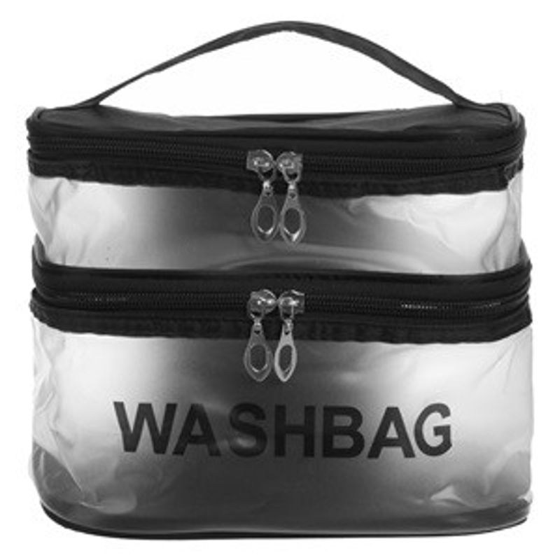 Ingrijire personala si Cosmetice - Machiaj - Portfarduri si genti cosmetice - Portfard Dublu cu Maner, Negru Transparent Mat, 21x13x16cm - Infinity.ro