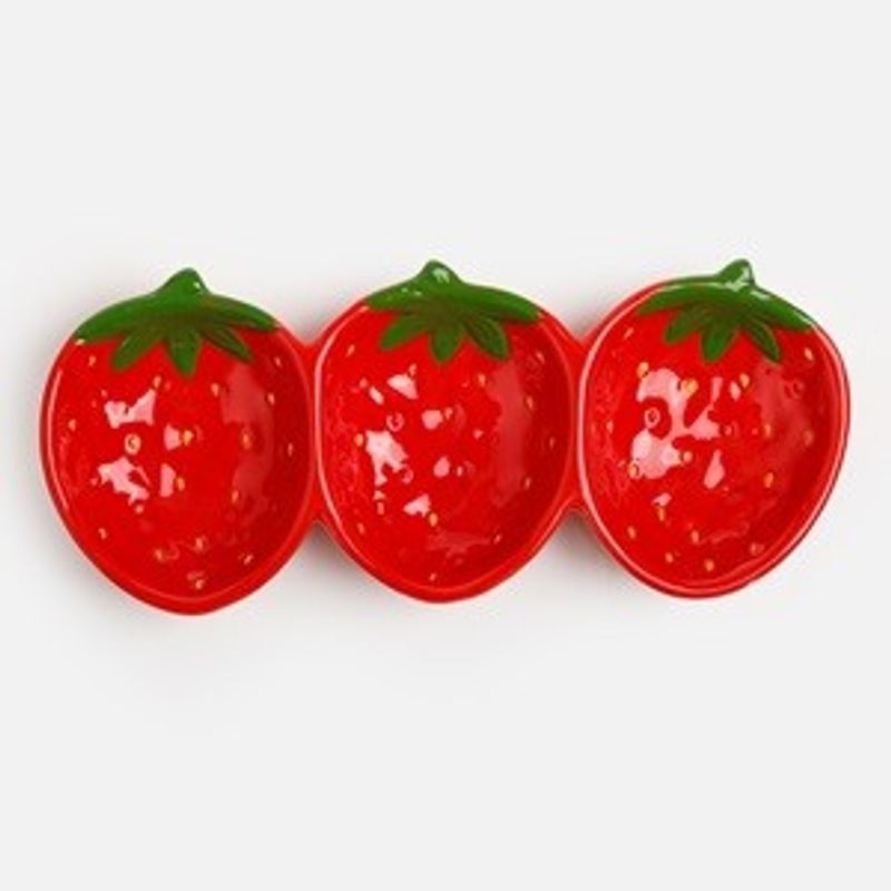 Casa si Gradina - Bucatarie si vesela - Vesela si tacamuri - Platouri de bucatarie - Platou ceramic pentru aperitive cu 3 compartimente, forma capsuni, 26x11x3,5 cm, rosu - Infinity.ro