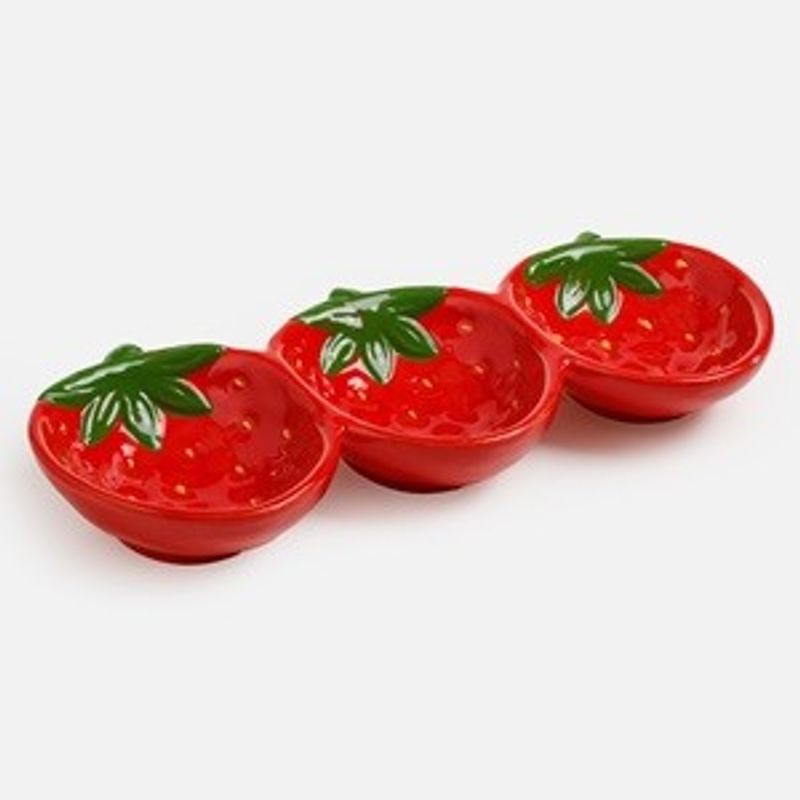 Casa si Gradina - Bucatarie si vesela - Vesela si tacamuri - Platouri de bucatarie - Platou ceramic pentru aperitive cu 3 compartimente, forma capsuni, 26x11x3,5 cm, rosu - Infinity.ro
