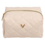 Ingrijire personala si Cosmetice - Machiaj - Portfarduri si genti cosmetice - Portfard Ecru Matlasat cu Litera Aurie "V", 17x12x12.5 cm - Infinity.ro
