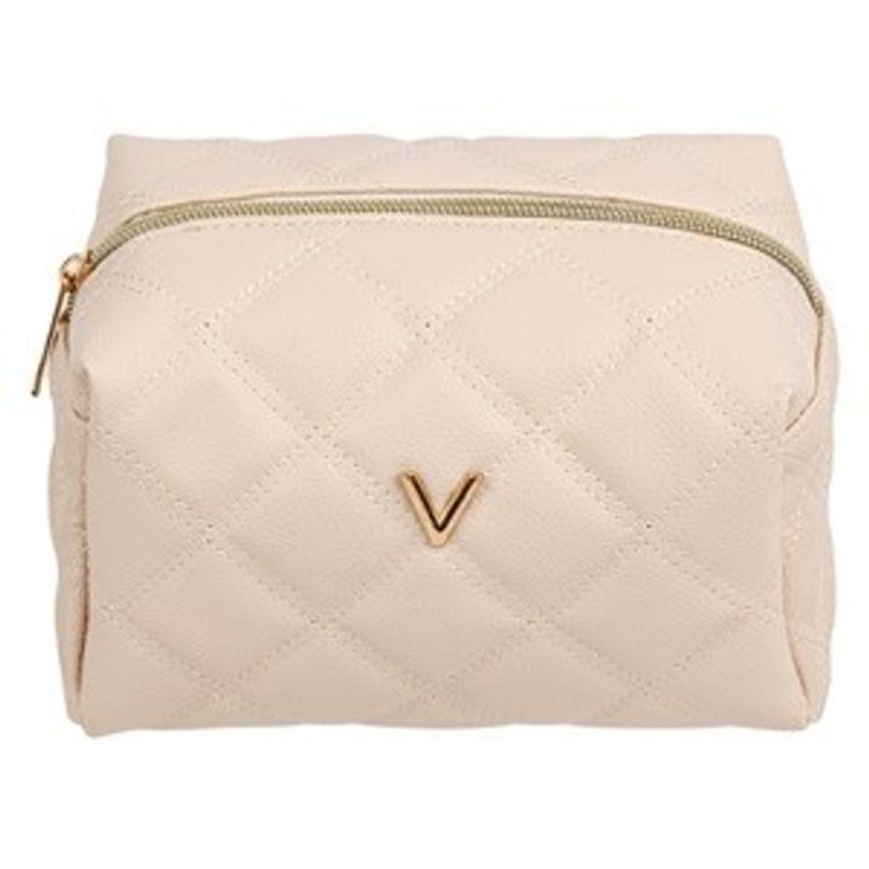 Ingrijire personala si Cosmetice - Machiaj - Portfarduri si genti cosmetice - Portfard Ecru Matlasat cu Litera Aurie "V", 17x12x12.5 cm - Infinity.ro