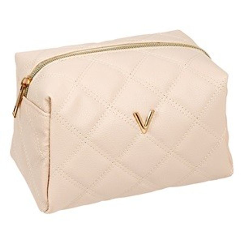 Ingrijire personala si Cosmetice - Machiaj - Portfarduri si genti cosmetice - Portfard Ecru Matlasat cu Litera Aurie "V", 17x12x12.5 cm - Infinity.ro