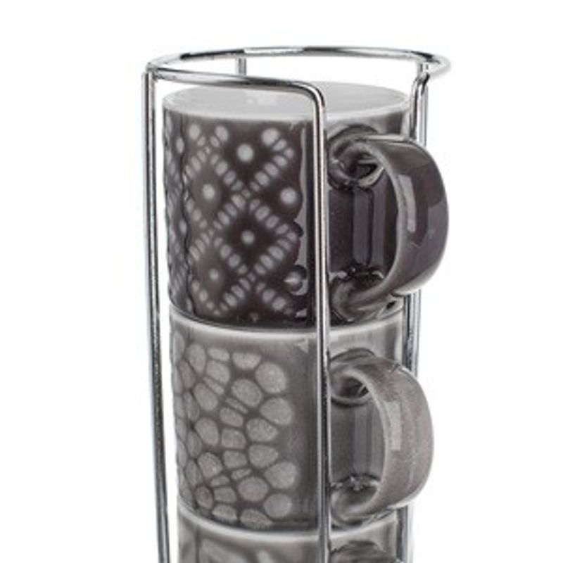 Casa si Gradina - Bucatarie si vesela - Cani si pahare - Cani si cesti - Set 4 Cesti Cafea New Bone Gri cu Suport Metalic, 100ml - Infinity.ro