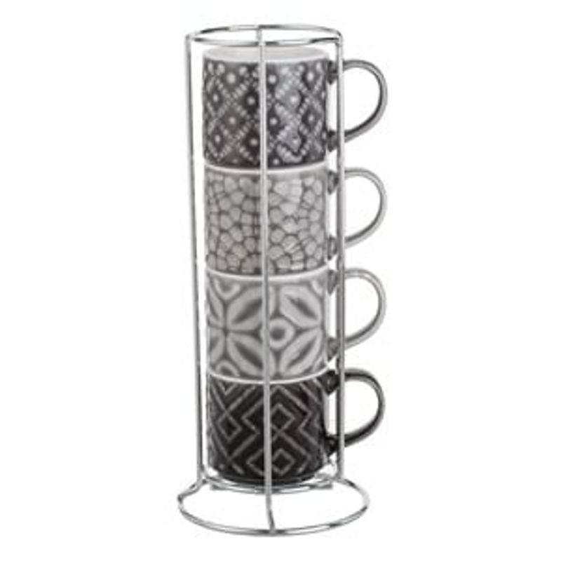Casa si Gradina - Bucatarie si vesela - Cani si pahare - Cani si cesti - Set 4 Cesti Cafea New Bone Gri cu Suport Metalic, 100ml - Infinity.ro