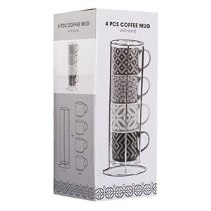 Casa si Gradina - Bucatarie si vesela - Cani si pahare - Cani si cesti - Set 4 Cesti Cafea New Bone Gri cu Suport Metalic, 100ml - Infinity.ro