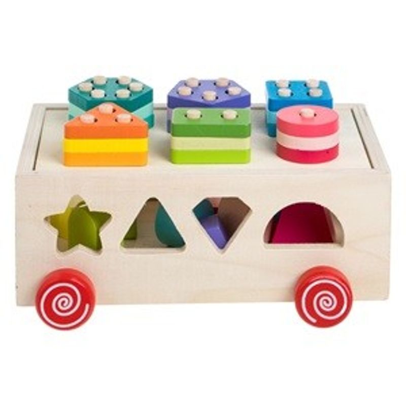 Jucarii, Copii si Bebe - Jucarii si jocuri - Jucarii bebelusi - Jucarii de sortat - Sortator de Forme din Lemn, Vehicul de Tras, Multicolor, 21,5x13,5x13cm - Infinity.ro