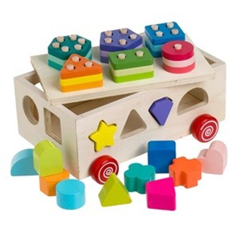 Jucarii, Copii si Bebe - Jucarii si jocuri - Jucarii bebelusi - Jucarii de sortat - Sortator de Forme din Lemn, Vehicul de Tras, Multicolor, 21,5x13,5x13cm - Infinity.ro