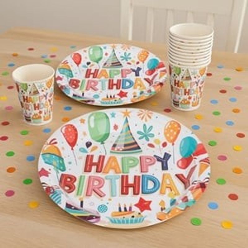 Casa si Gradina - Bucatarie si vesela - Vesela si tacamuri - Farfurii si boluri - Set Farfurii Petrecere Carton Ecru - Model Baloane & Happy Birthday - Infinity.ro