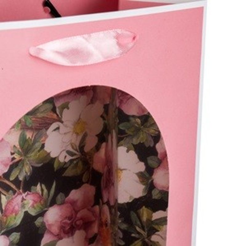 Carti si Birotica - Birotica - Articole ambalare - Sacosa cadou din hartie, roz, cu fereastra si model flori cu pasare, 18x10x23cm - Infinity.ro