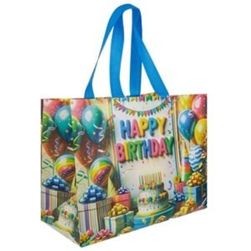 Market - Curatenie si intretinere casa - Produse bucatarie - Pungi si folii alimentare - Sacosa reutilizabila din PP, Multicolora, Happy Birthday, 31.5x17x25cm - Infinity.ro