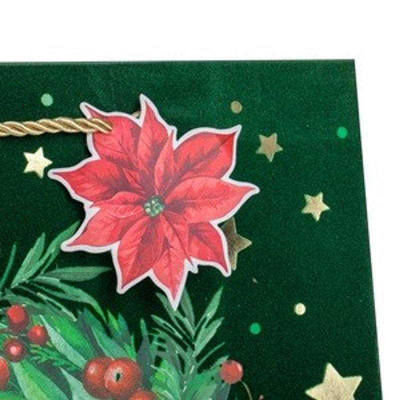 Casa si Gradina - Decoratiuni - Decoratiuni de sezon - Sacosa cadou de Craciun, Verde, Catifelata, cu Coronita si Stelute Aurii, 30x12x42cm - Infinity.ro