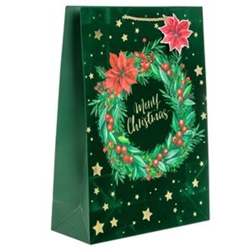 Casa si Gradina - Decoratiuni - Decoratiuni de sezon - Sacosa cadou de Craciun, Verde, Catifelata, cu Coronita si Stelute Aurii, 30x12x42cm - Infinity.ro
