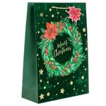 Casa si Gradina - Decoratiuni - Decoratiuni de sezon - Sacosa cadou de Craciun, Verde, Catifelata, cu Coronita si Stelute Aurii, 30x12x42cm - Infinity.ro