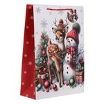 Casa si Gradina - Decoratiuni - Decoratiuni de sezon - Sacosa cadou Craciun cu om de zapada si ren, 30x12x42 cm, alba, cu manere din sfoara rosie - Infinity.ro