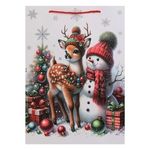 Casa si Gradina - Decoratiuni - Decoratiuni de sezon - Sacosa cadou Craciun cu om de zapada si ren, 30x12x42 cm, alba, cu manere din sfoara rosie - Infinity.ro