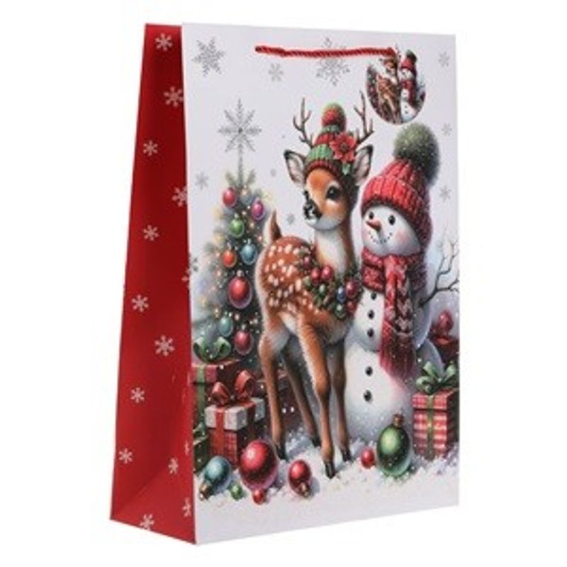 Casa si Gradina - Decoratiuni - Decoratiuni de sezon - Sacosa cadou Craciun cu om de zapada si ren, 30x12x42 cm, alba, cu manere din sfoara rosie - Infinity.ro