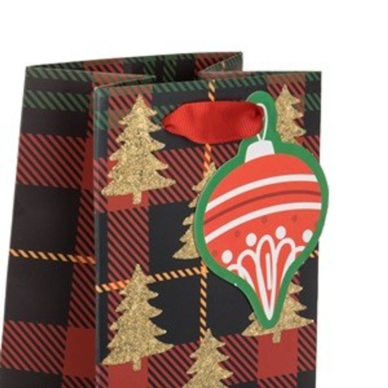Carti si Birotica - Birotica - Articole ambalare - Sacou cadou din hartie, model carouri rosii cu brad si glitter auriu, pentru sticle, 11x10x36 cm - Infinity.ro