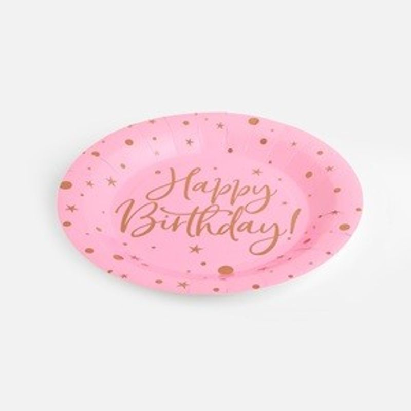 Casa si Gradina - Bucatarie si vesela - Vesela si tacamuri - Farfurii si boluri - Set de 6 farfurii de petrecere roz Happy Birthday cu stele - Infinity.ro