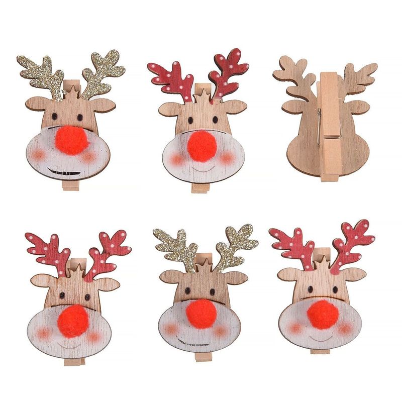 Casa si Gradina - Decoratiuni - Decoratiuni de sezon - Clestisori Decorativi de Lemn Craciun Cerb Nas Rosu Pompon Set 6 Bucati - Infinity.ro
