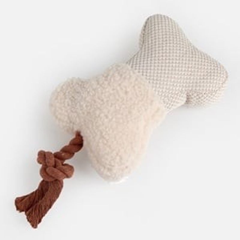 Jucarii, Copii si Bebe - Jucarii si jocuri - Jucarii de plus - Jucarie pentru caini, Os cu sunet si sfoara, 21 cm, Bej si maro - Infinity.ro