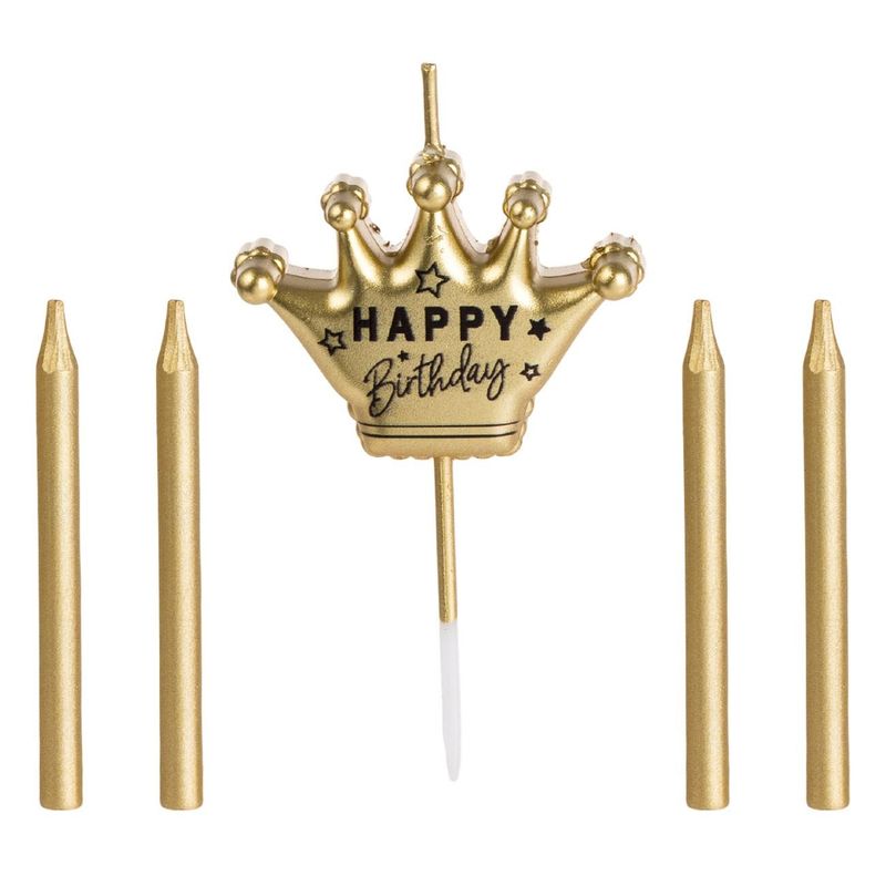 Casa si Gradina - Decoratiuni - Aromaterapie si lumanari - Lumanari si candele - Set Lumanari pentru Tort, Auriu, Coroana Happy Birthday, 5 buc - Infinity.ro