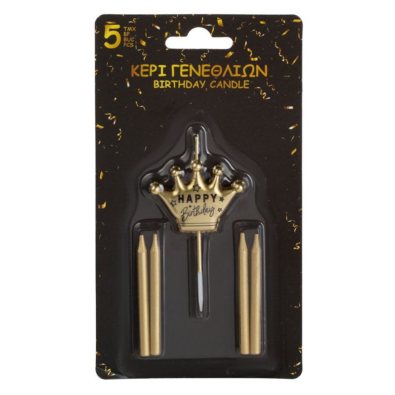 Casa si Gradina - Decoratiuni - Aromaterapie si lumanari - Lumanari si candele - Set Lumanari pentru Tort, Auriu, Coroana Happy Birthday, 5 buc - Infinity.ro