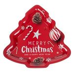 Casa si Gradina - Decoratiuni - Decoratiuni de sezon - Platou Decorativ de Craciun Metalic Brad Rosu cu Globuri Conuri 31x30cm - Infinity.ro