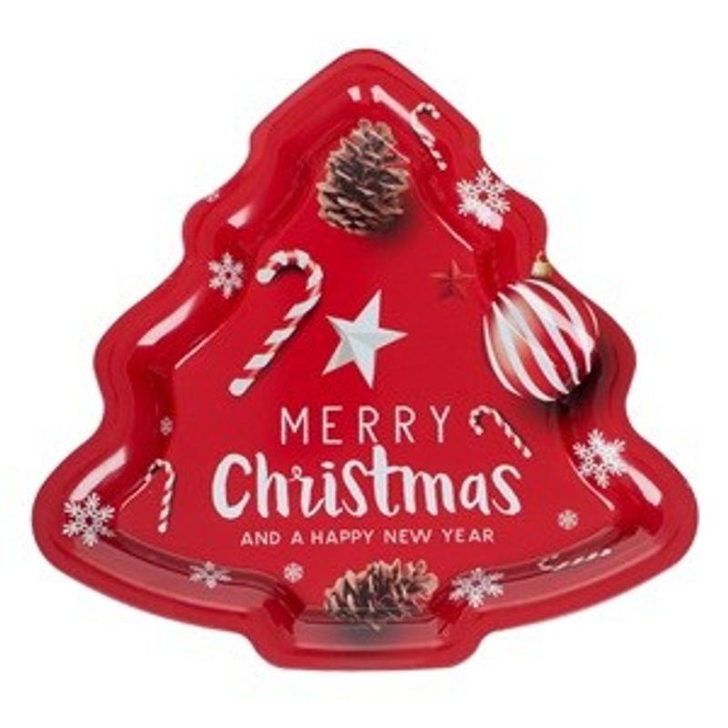 Casa si Gradina - Decoratiuni - Decoratiuni de sezon - Platou Decorativ de Craciun Metalic Brad Rosu cu Globuri Conuri 31x30cm - Infinity.ro